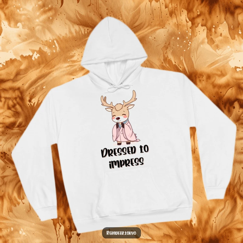 Funny Reindeer Hoodie: Serene reindeer in elegant kimono robes bows politely, offering comforting humor.
