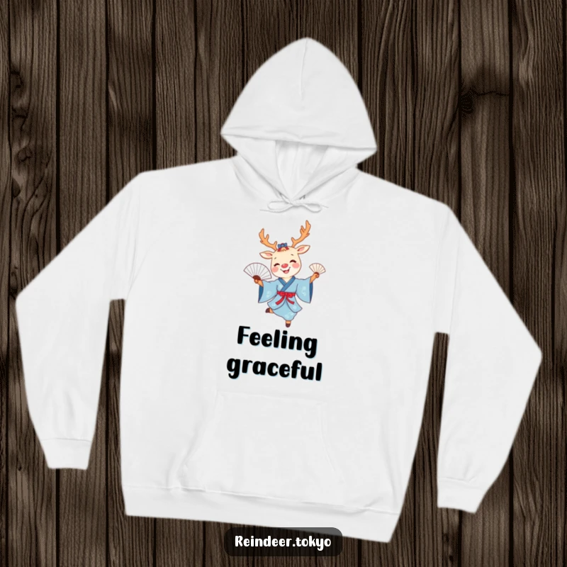 Funny reindeer fan dance hoodie with a smiling cartoon reindeer in a blue kimono joyfully dancing, holding a delicate fan.