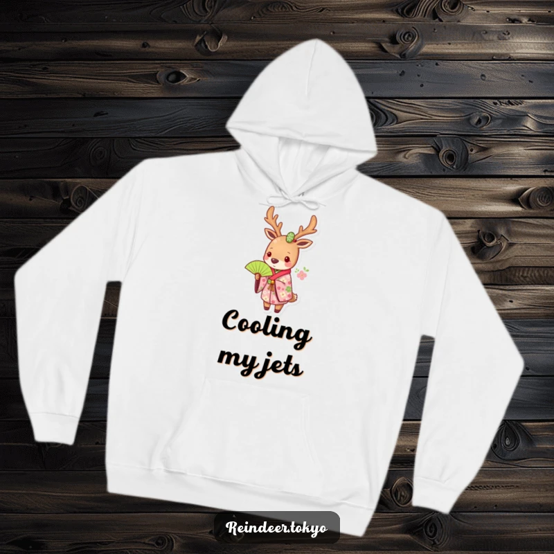 Funny hoodie displaying a reindeer in a floral kimono, holding a green fan, offering cozy style with a humorous touch.