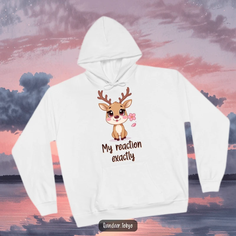 Funny Reindeer Hoodie: Startled reindeer with wide eyes reacts comically to a delicate sakura petal.