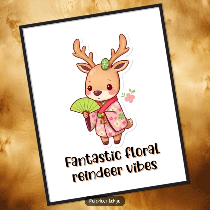 Funny free printable wall art of a reindeer adorned in a floral kimono, elegantly holding a green fan.