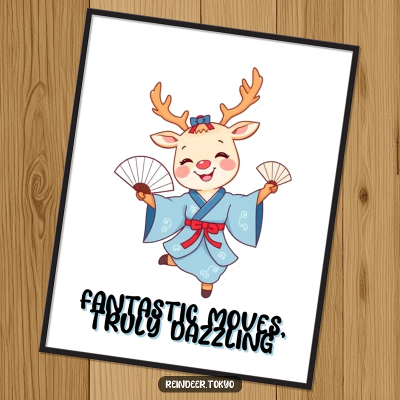 Funny Free Printable Wall Art: Smiling reindeer in a blue kimono joyfully dancing with a delicate fan.