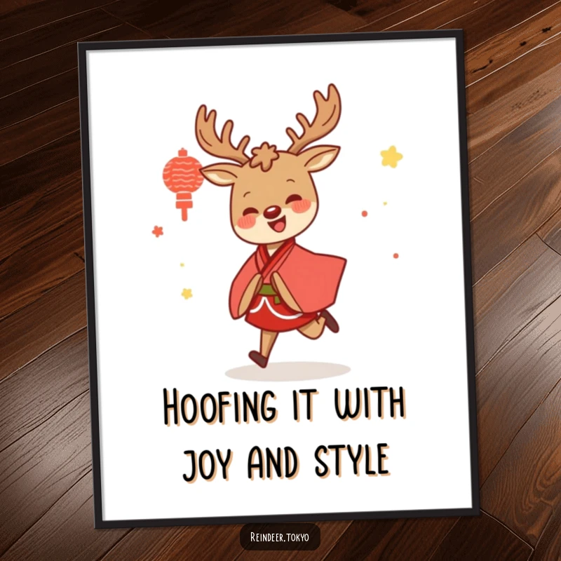 Funny free printable wall art of a joyful reindeer in a red and white kimono skipping with delight.