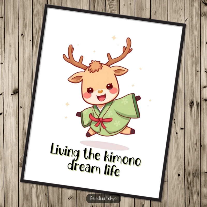 Funny Free Printable Reindeer Wall Art: Cheerful reindeer in a green kimono spinning with delight.