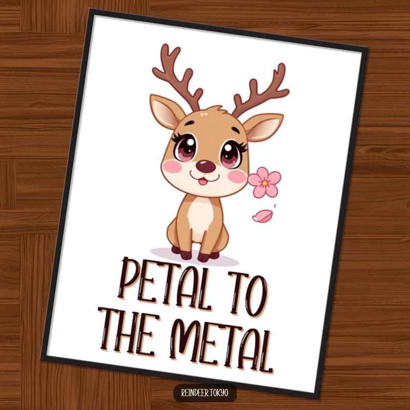 Funny Free Printable Wall Art: A startled reindeer with wide eyes reacting comically to a gently falling sakura petal.
