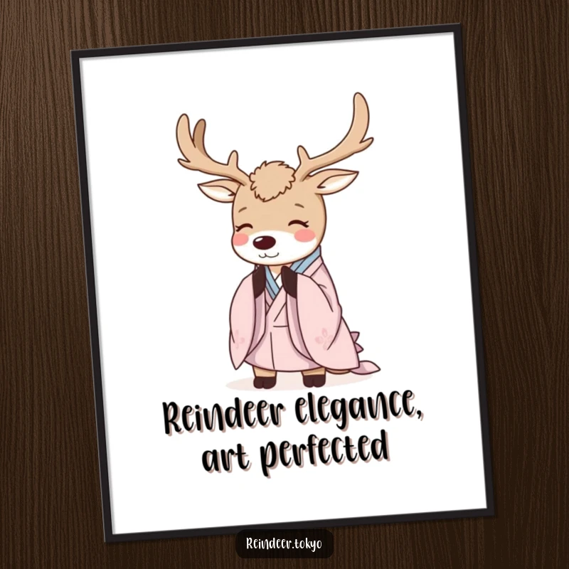 Funny Free Printable Wall Art: Serene reindeer adorned in elegant kimono robes, bowing peacefully in a minimalist design.