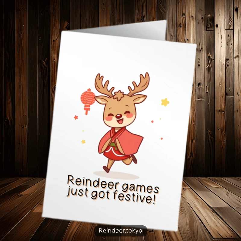 Funny free printable birthday card featuring a joyful reindeer in a red and white kimono skipping with pure happiness.