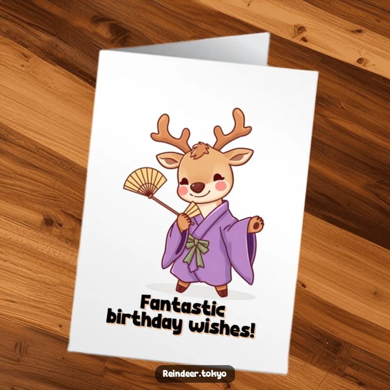Funny Free Printable Reindeer Card: Cute reindeer in purple kimono striking a playful pose with a fan.