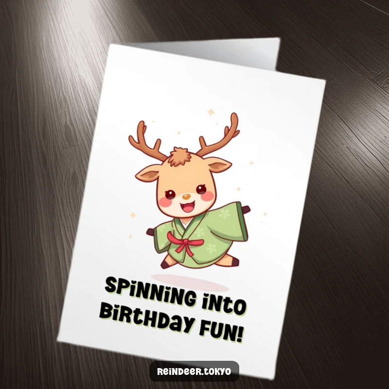 Funny Free Printable Reindeer Card: Cheerful reindeer in a green kimono spinning with delight.