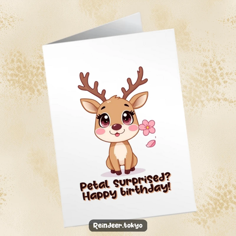 Funny Free Printable Birthday Card: A startled reindeer with wide eyes reacts in surprise to a delicate falling sakura petal.