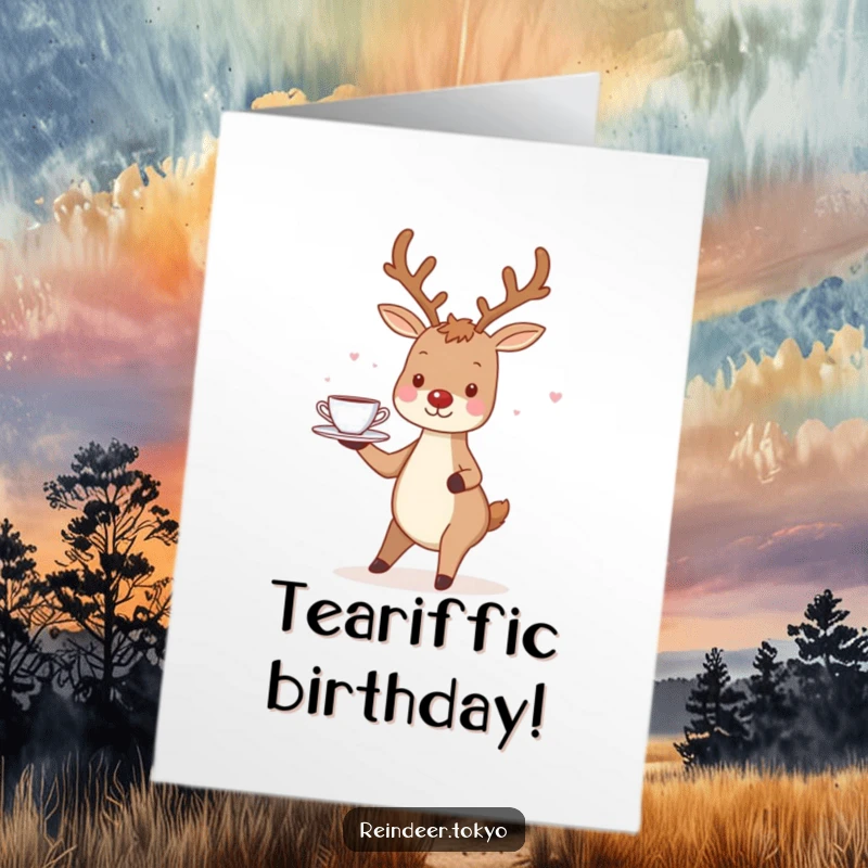 Funny Free Printable Birthday Card: A charming reindeer with a smile carefully balances a tray of tiny teacups.