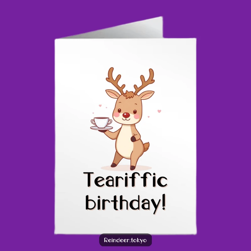 Free Printable Birthday Card: Charming Reindeer, Teacup Tray, Funny Downloadable Gift
