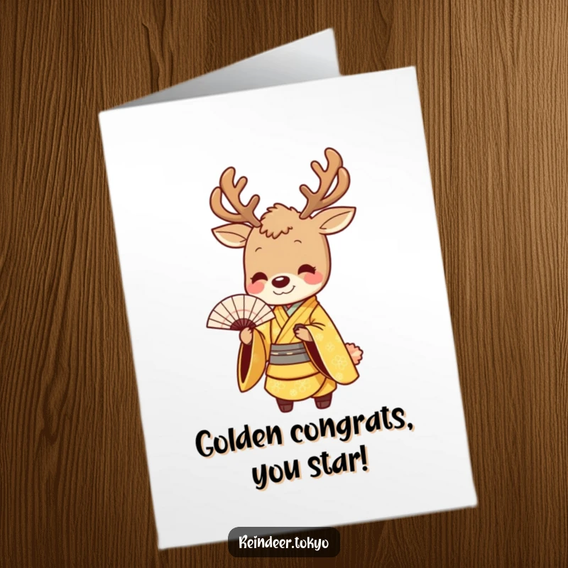 Funny free printable congratulations card featuring a reindeer in a golden kimono, bowing with a fan.