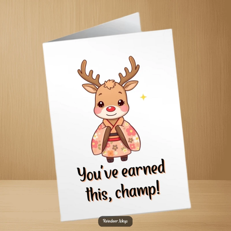 Funny Free Printable Reindeer Congratulations Card: Reindeer in floral kimono making a polite bow.