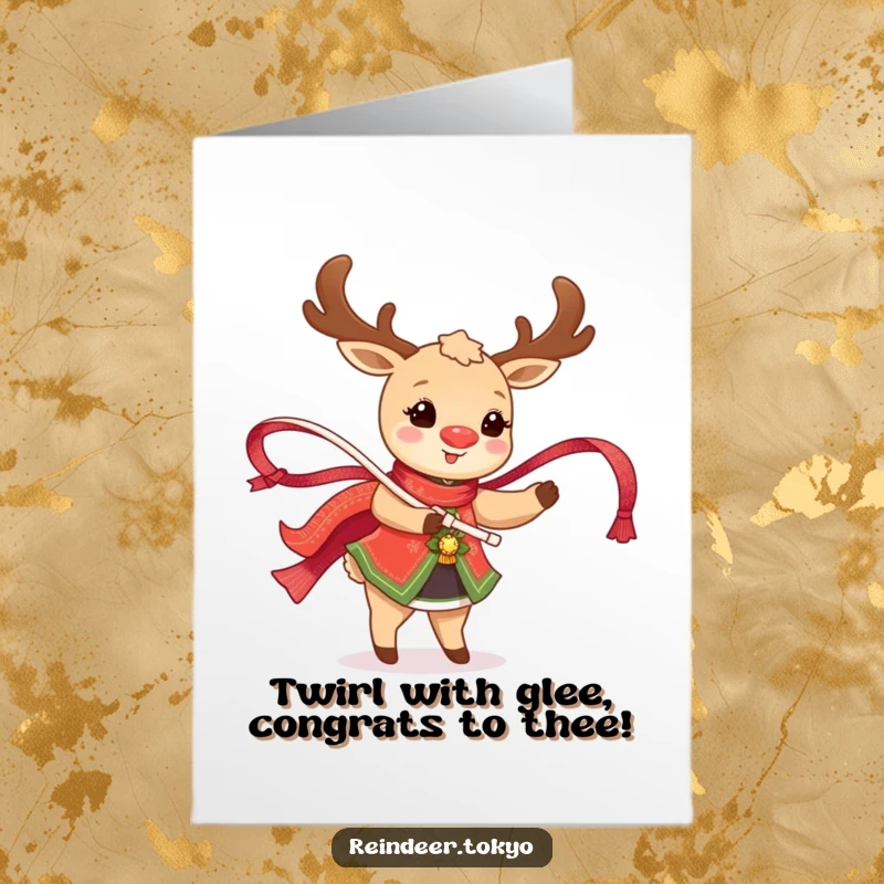 Funny Free Printable Congrats Card: A happy reindeer in traditional attire triumphantly twirling a shimmering ribbon.