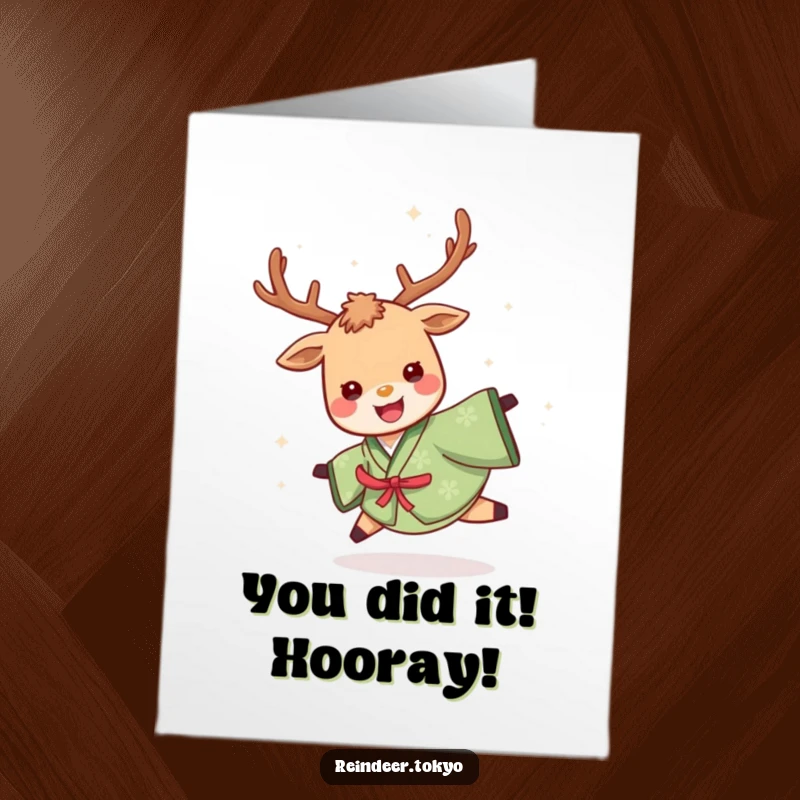 Funny Free Printable Reindeer Congratulations Card: Reindeer in a green kimono spinning joyfully.