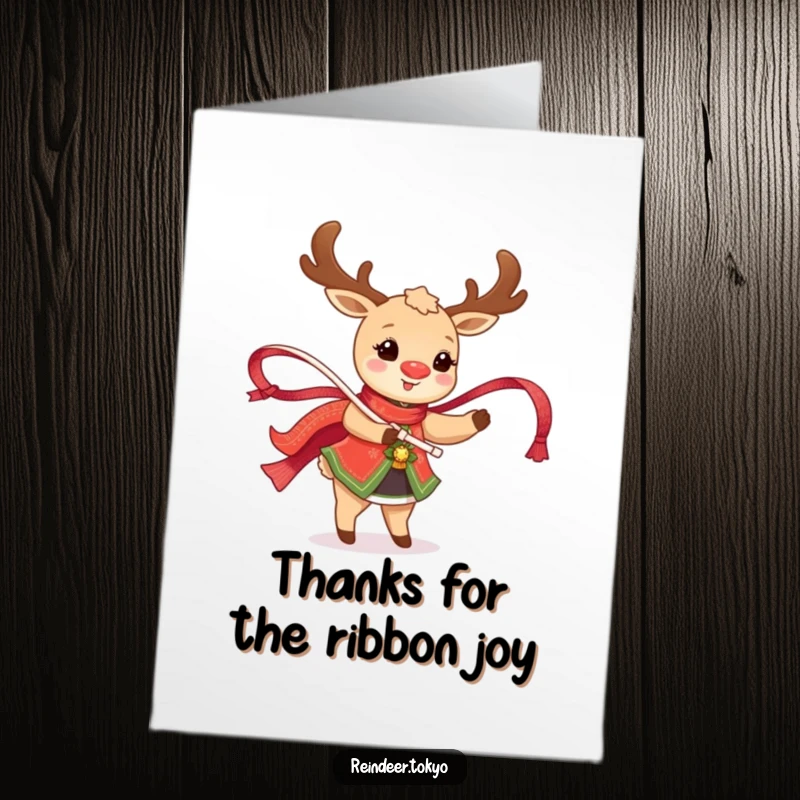 Funny Free Printable Thank You Card: A happy reindeer in traditional clothes twirling a bright shimmering ribbon.