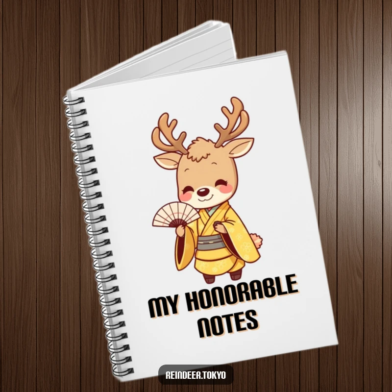 Funny notebook featuring a smiling reindeer in a golden kimono, bowing gracefully with a fan, perfect for elegant note-taking.