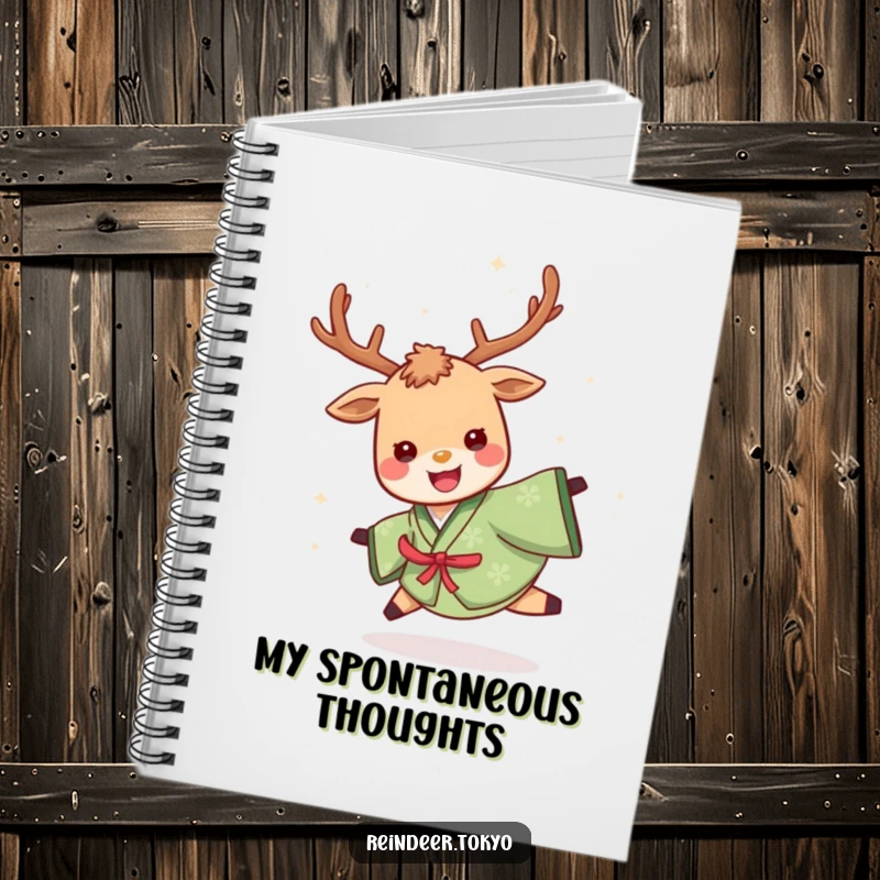 Funny notebook featuring a cheerful reindeer in a green kimono, spinning joyfully, ideal for jotting down notes with a humorous, energetic flair.