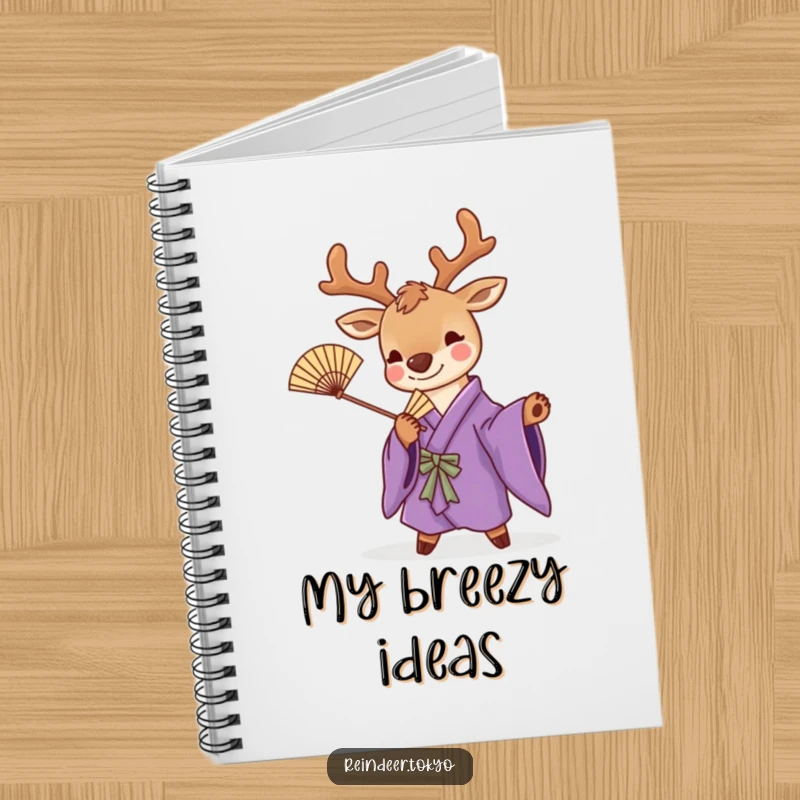 Funny notebook featuring a cute reindeer in a purple kimono, striking a playful pose with a bamboo fan, perfect for writing with style.