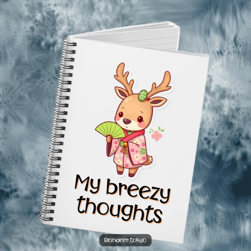 Funny notebook featuring a reindeer in a floral kimono, holding a green fan, perfect for elegant note-taking and creative writing.