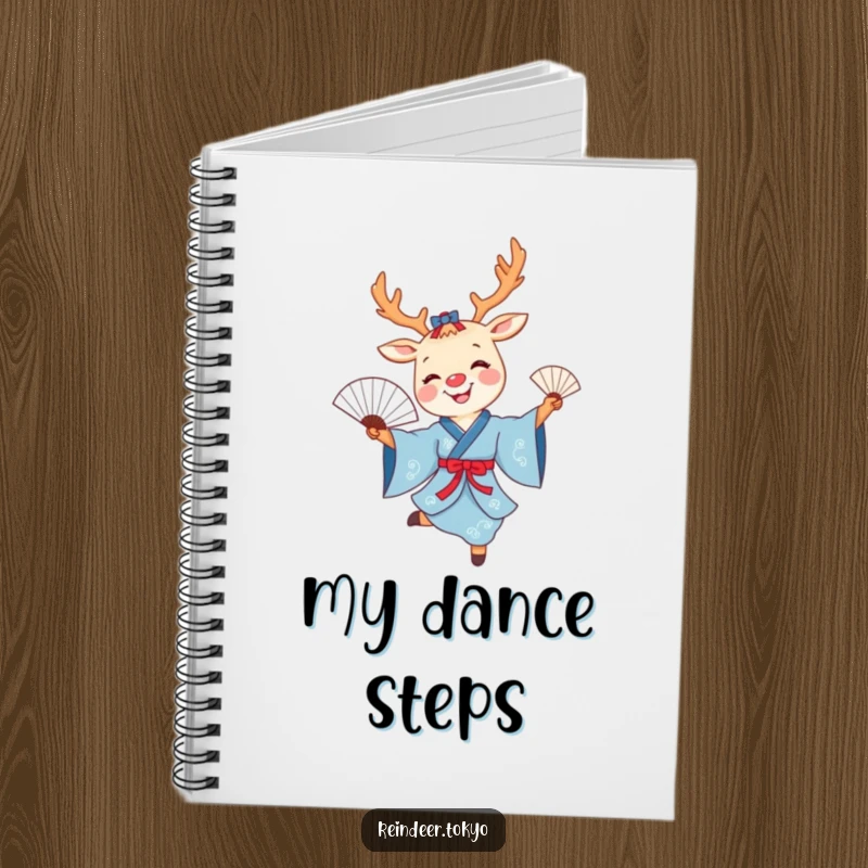Funny reindeer fan dance notebook with a smiling cartoon reindeer in a blue kimono joyfully dancing with a delicate fan.
