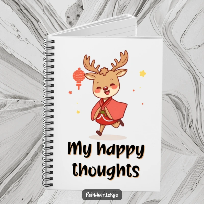 Funny notebook cover featuring a happy reindeer in a red and white kimono, skipping with joy, perfect for journaling or notes.