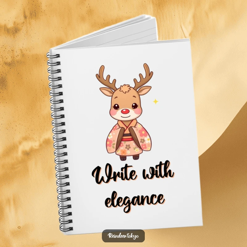 Funny notebook featuring a whimsical reindeer in a floral kimono, offering a polite bow, perfect for writing and sketching with humorous elegance.
