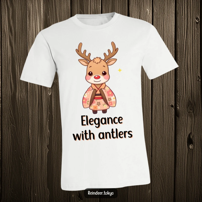 Funny t-shirt featuring a whimsical reindeer in a detailed floral kimono, executing a polite bow with a charming twinkle, spreading gentle humor.