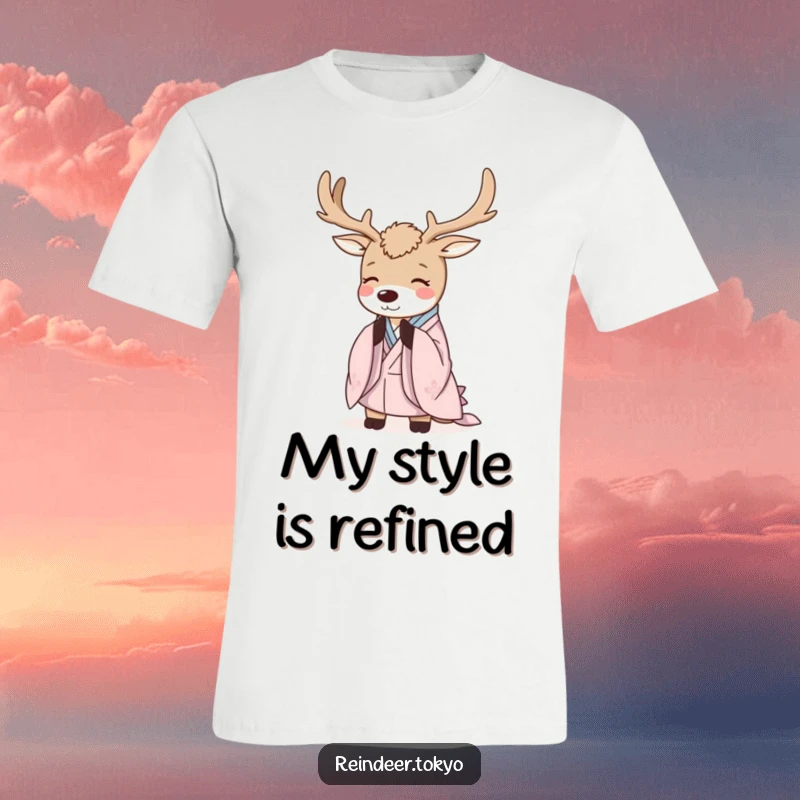 Funny Reindeer T-Shirt: Elegant reindeer in kimono robes bows politely, showcasing a serene and humorous aura.