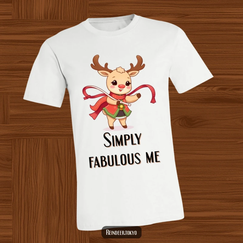 Funny Reindeer T-Shirt: Happy reindeer in traditional clothes joyfully twirls a shimmering ribbon.
