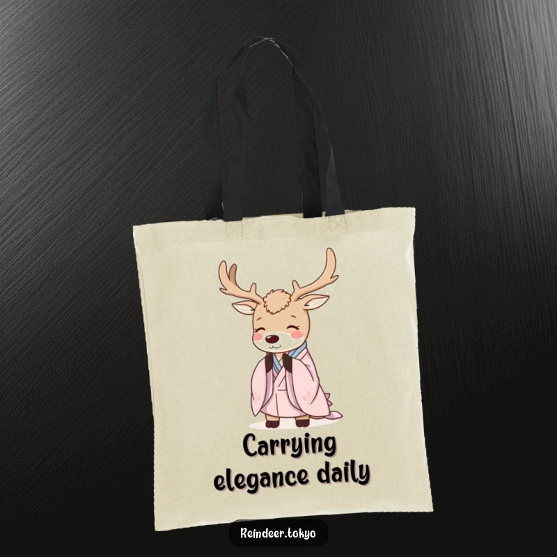 Funny Reindeer Tote Bag: Elegant reindeer in kimono robes bows politely, a stylish and humorous accessory.