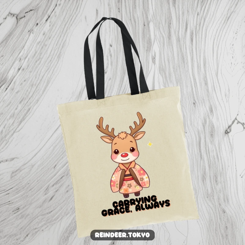 Funny tote bag showcasing a whimsical reindeer in a floral kimono, offering a polite bow, perfect for stylish, humorous, and practical use.