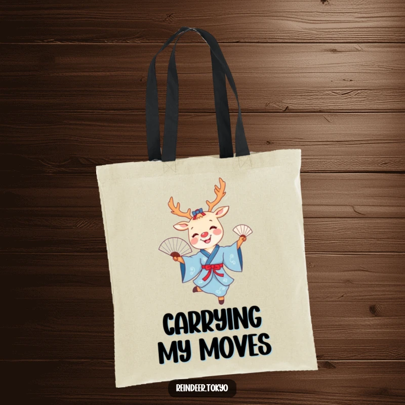 Funny reindeer fan dance tote bag with a smiling cartoon reindeer in a blue kimono joyfully dancing with a delicate fan.