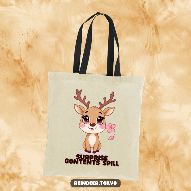 Funny Reindeer Tote Bag: Startled reindeer with wide eyes reacts with surprise to a falling sakura petal.
